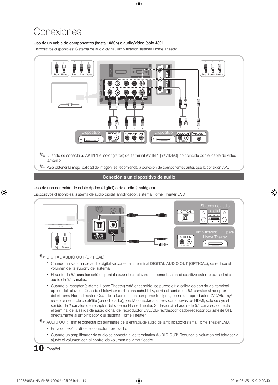 Conexiones, Conexión a un dispositivo de audio | Samsung PN63C590G4FXZA User Manual | Page 64 / 163