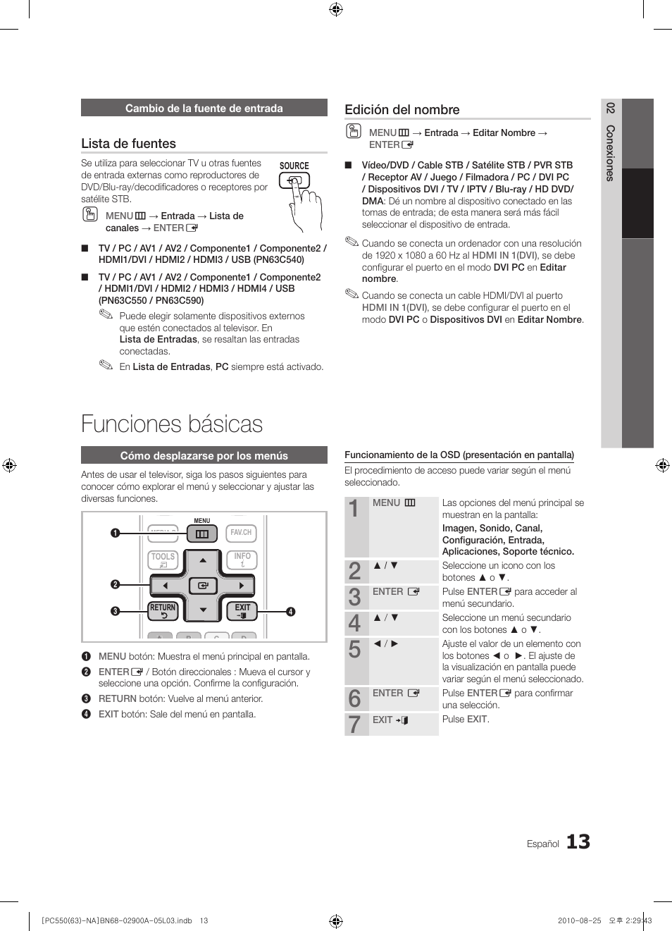 Funciones básicas, Lista de fuentes, Edición del nombre | Samsung PN63C590G4FXZA User Manual | Page 67 / 163