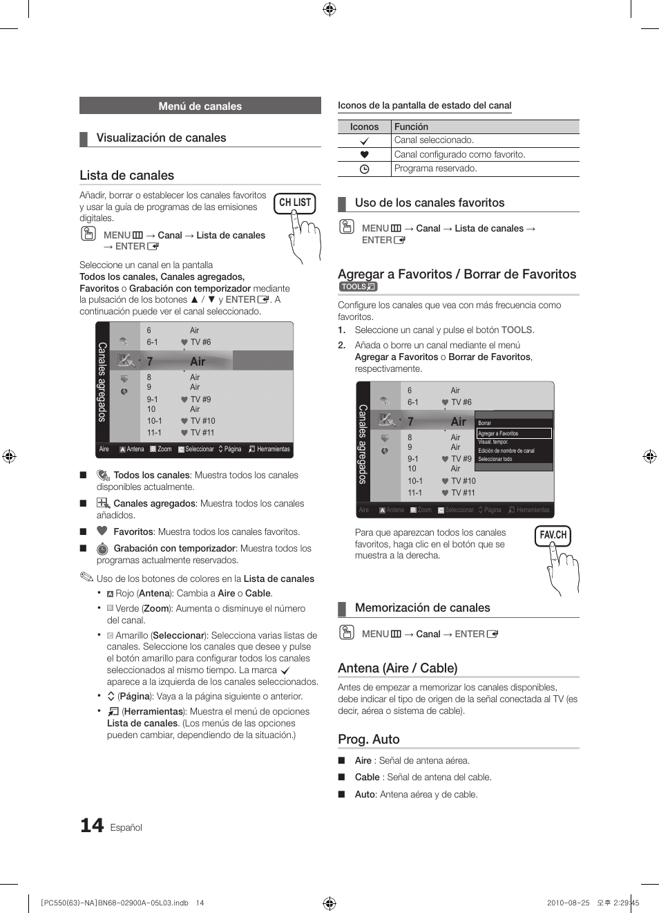 Lista de canales, Agregar a favoritos / borrar de favoritos, Antena (aire / cable) | Prog. auto | Samsung PN63C590G4FXZA User Manual | Page 68 / 163
