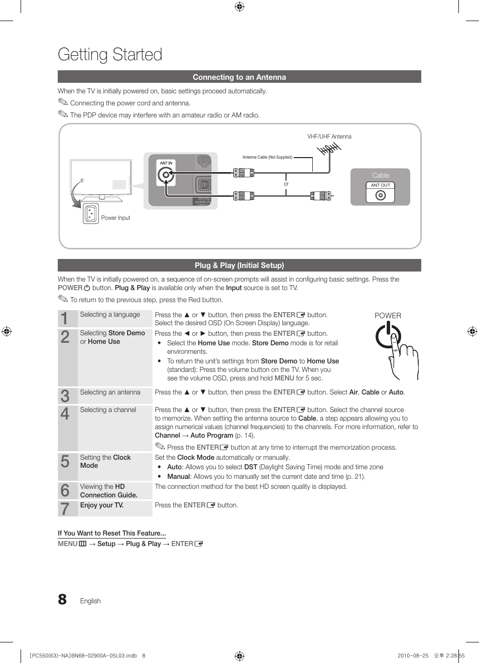 Connecting to an antenna, Plug & play (initial setup), Getting started | Info guide | Samsung PN63C590G4FXZA User Manual | Page 8 / 163