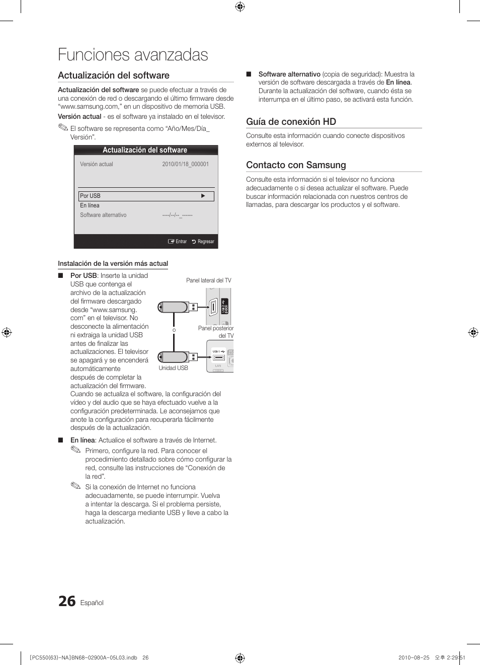 Funciones avanzadas, Actualización del software, Guía de conexión hd | Contacto con samsung | Samsung PN63C590G4FXZA User Manual | Page 80 / 163