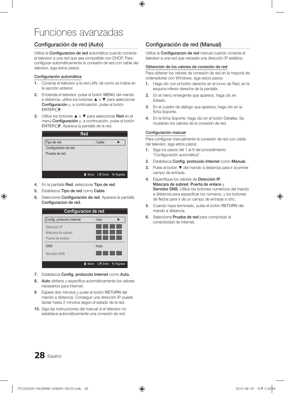 Funciones avanzadas, Configuración de red (auto), Configuración de red (manual) | Samsung PN63C590G4FXZA User Manual | Page 82 / 163