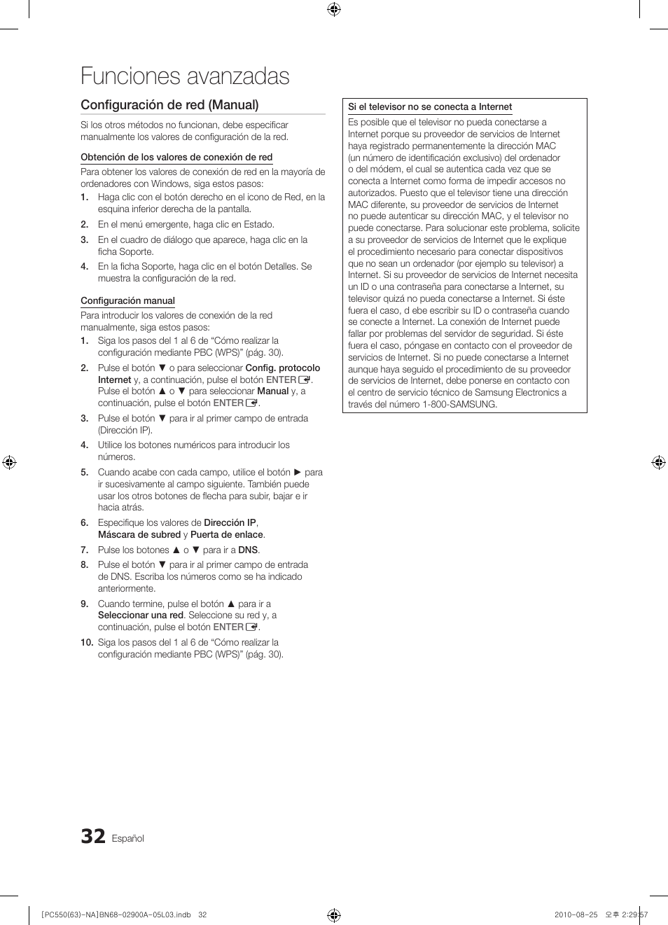 Funciones avanzadas, Configuración de red (manual) | Samsung PN63C590G4FXZA User Manual | Page 86 / 163