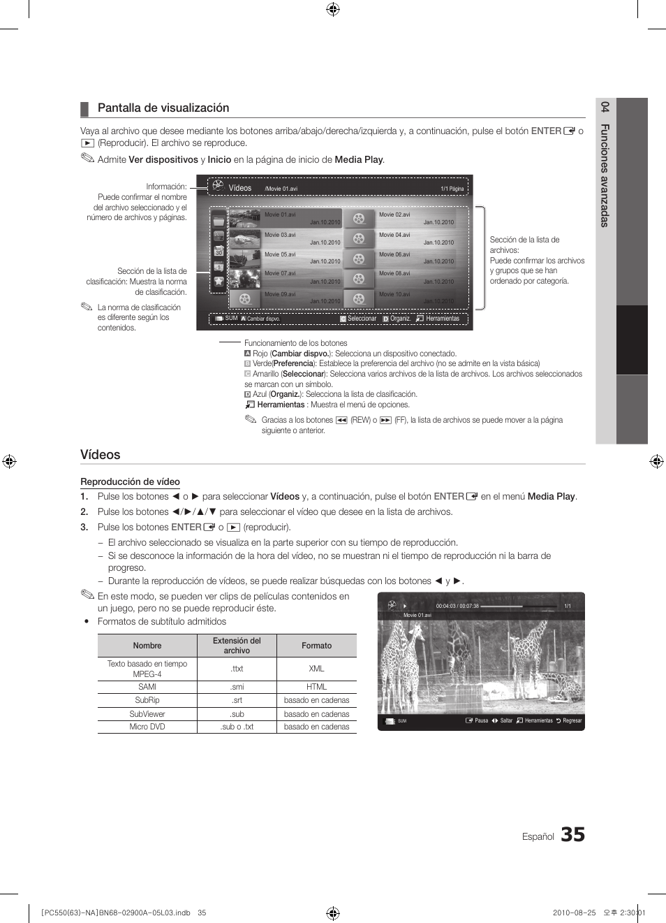 Vídeos, Pantalla de visualización | Samsung PN63C590G4FXZA User Manual | Page 89 / 163