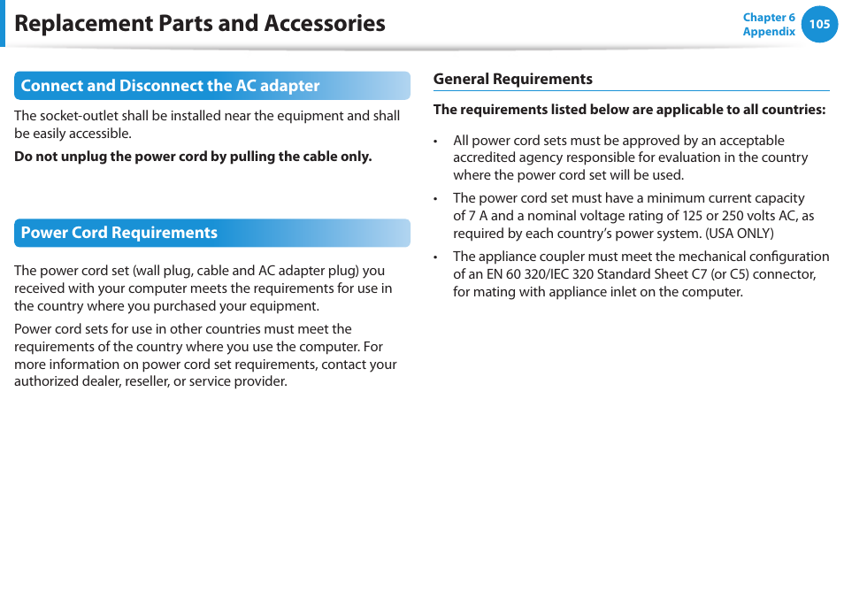 Replacement parts and accessories | Samsung NP510R5E-A01UB User Manual | Page 106 / 132