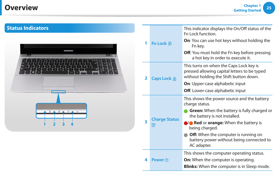 Overview, Status indicators | Samsung NP510R5E-A01UB User Manual | Page 26 / 132
