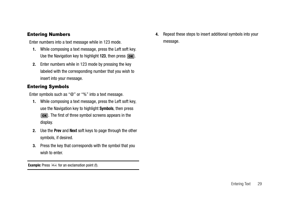 Entering numbers, Entering symbols, Entering numbers entering symbols | Samsung SCH-R210LSACRI User Manual | Page 29 / 102