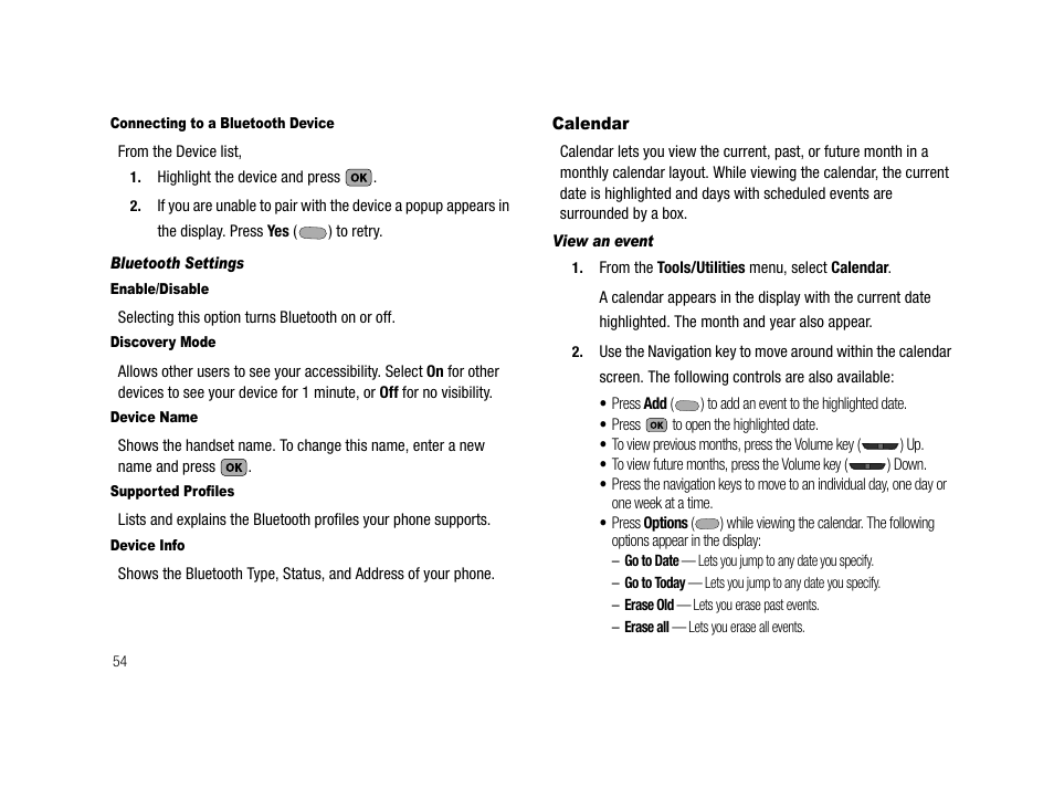 Connecting to a bluetooth device, Bluetooth settings, Enable/disable | Discovery mode, Device name, Supported profiles, Device info, Calendar, View an event | Samsung SCH-R210LSACRI User Manual | Page 54 / 102