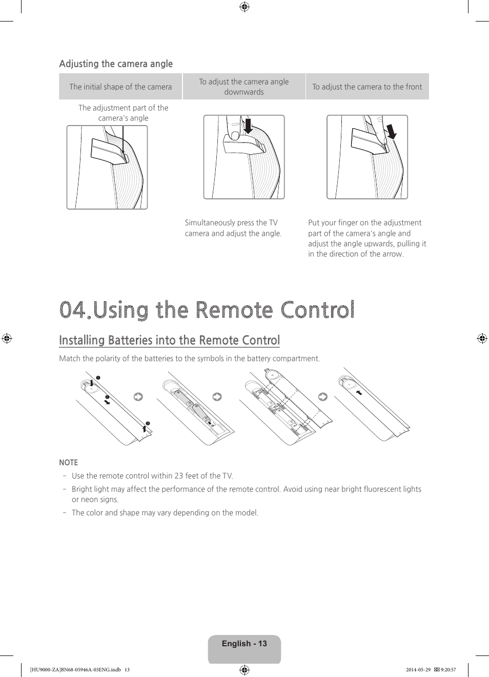 Using the remote control, Installing batteries into the remote control, Adjusting the camera angle | Samsung UN55HU9000FXZA User Manual | Page 13 / 43