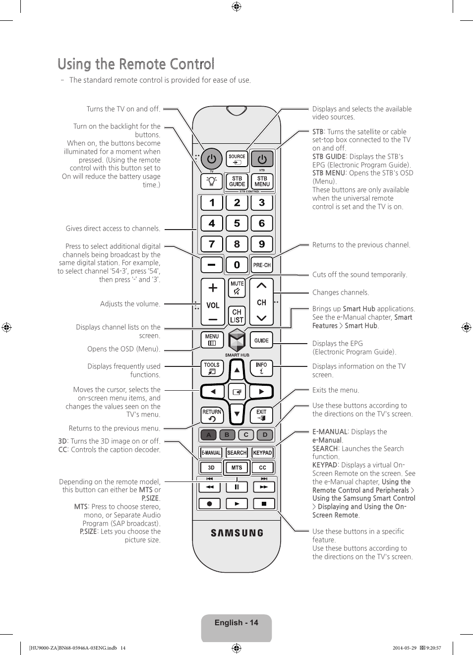 Using the remote control | Samsung UN55HU9000FXZA User Manual | Page 14 / 43