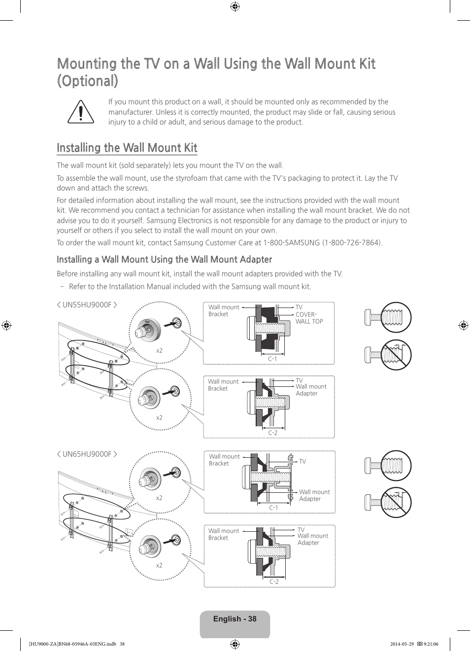 Installing the wall mount kit | Samsung UN55HU9000FXZA User Manual | Page 38 / 43