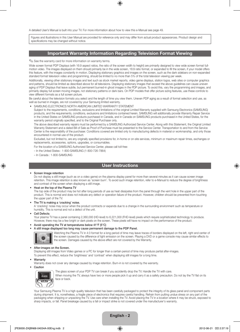 User instructions | Samsung PN64E8000GFXZA User Manual | Page 2 / 64