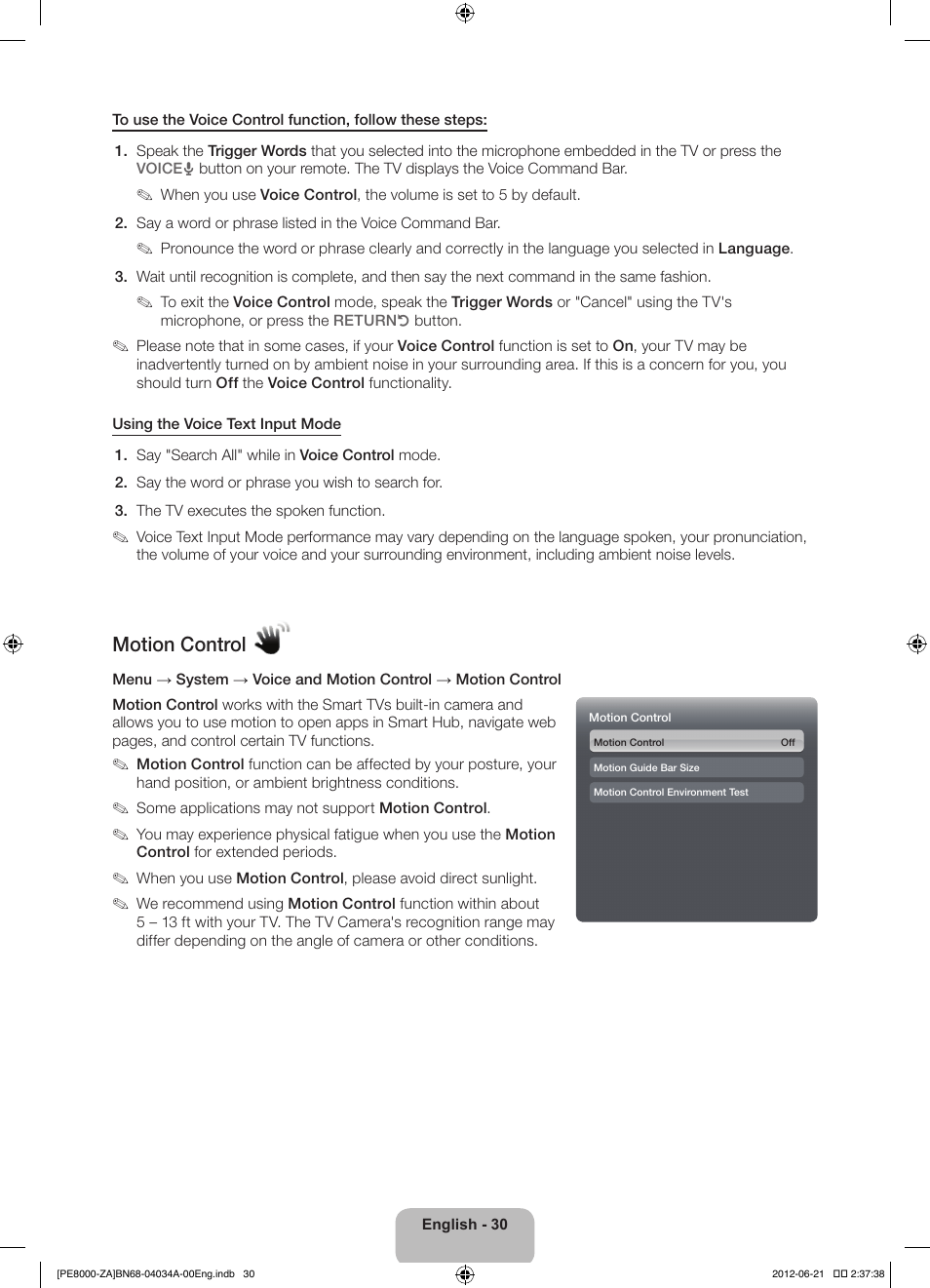 Motion control | Samsung PN64E8000GFXZA User Manual | Page 30 / 64