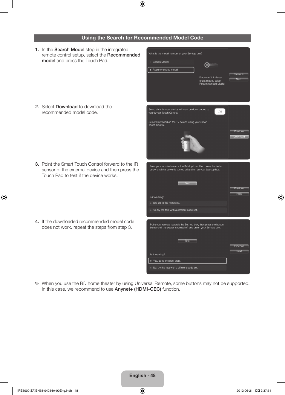 Using the search for recommended model code, English - 48 | Samsung PN64E8000GFXZA User Manual | Page 48 / 64