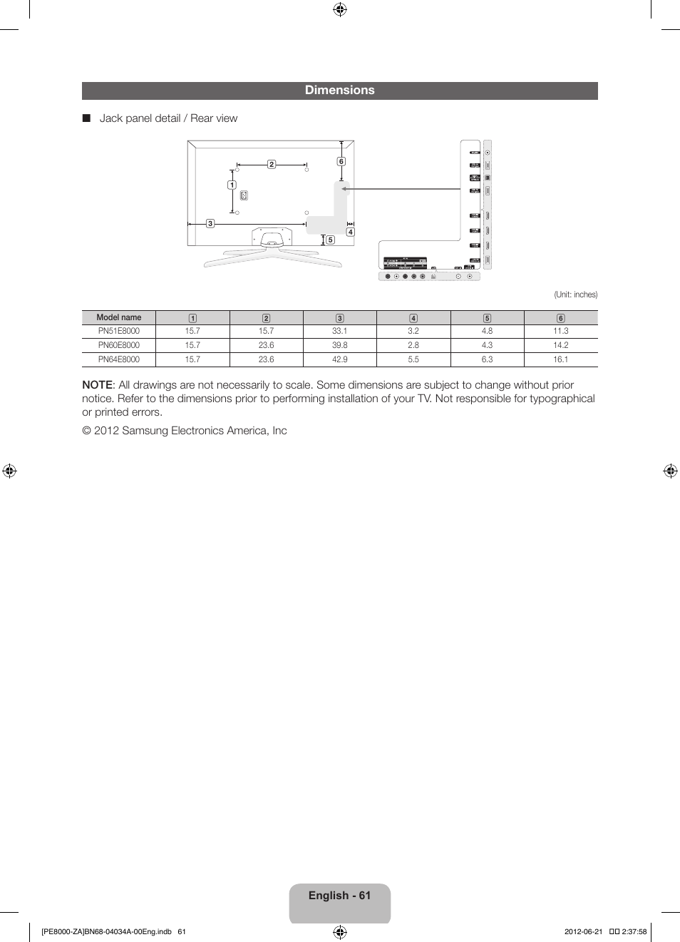 Dimensions | Samsung PN64E8000GFXZA User Manual | Page 61 / 64