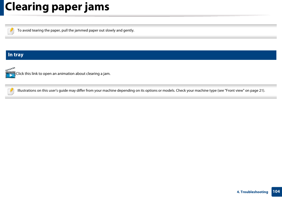 Clearing paper jams, In tray | Samsung CLX-3305W-XPE User Manual | Page 104 / 334