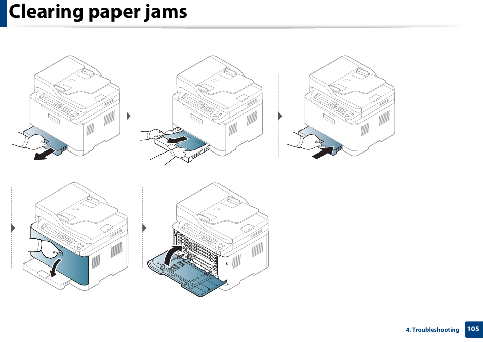 Clearing paper jams | Samsung CLX-3305W-XPE User Manual | Page 105 / 334