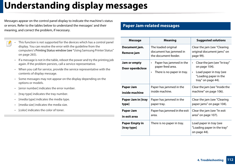 Understanding display messages, Paper jam-related messages | Samsung CLX-3305W-XPE User Manual | Page 112 / 334