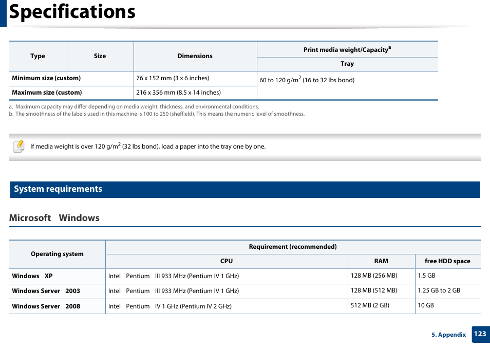 System requirements, Specifications, Microsoft | Windows | Samsung CLX-3305W-XPE User Manual | Page 123 / 334