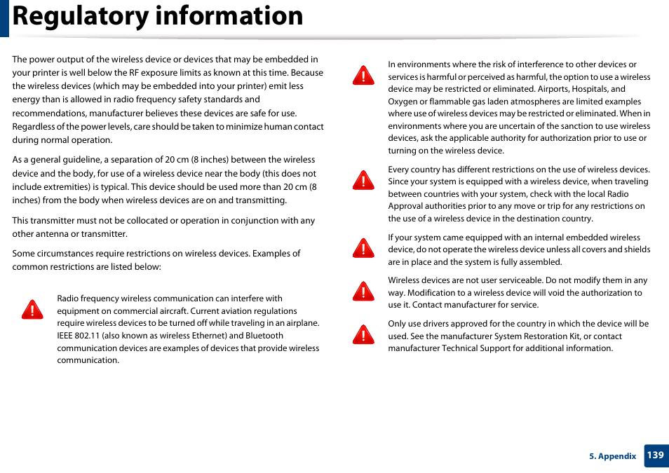 Regulatory information | Samsung CLX-3305W-XPE User Manual | Page 139 / 334