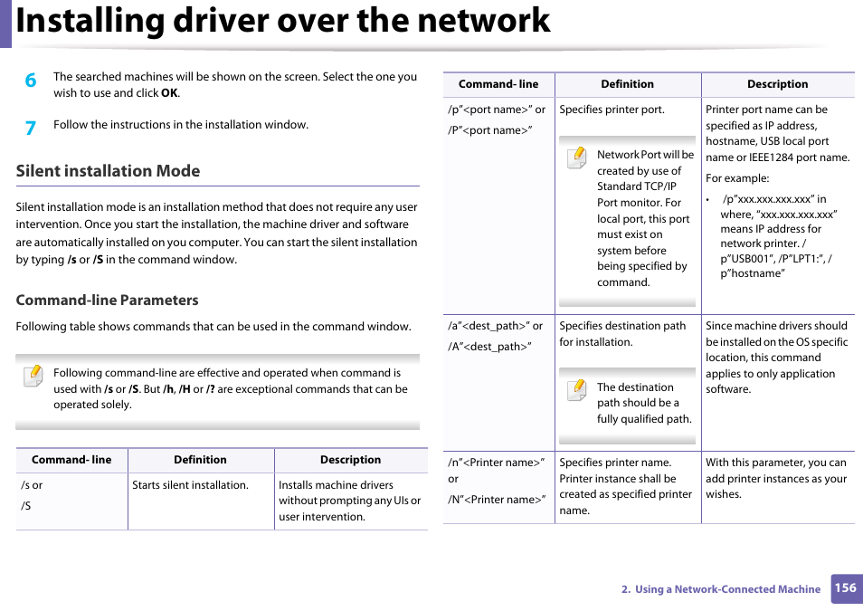 Installing driver over the network, Silent installation mode, Command-line parameters | Samsung CLX-3305W-XPE User Manual | Page 156 / 334