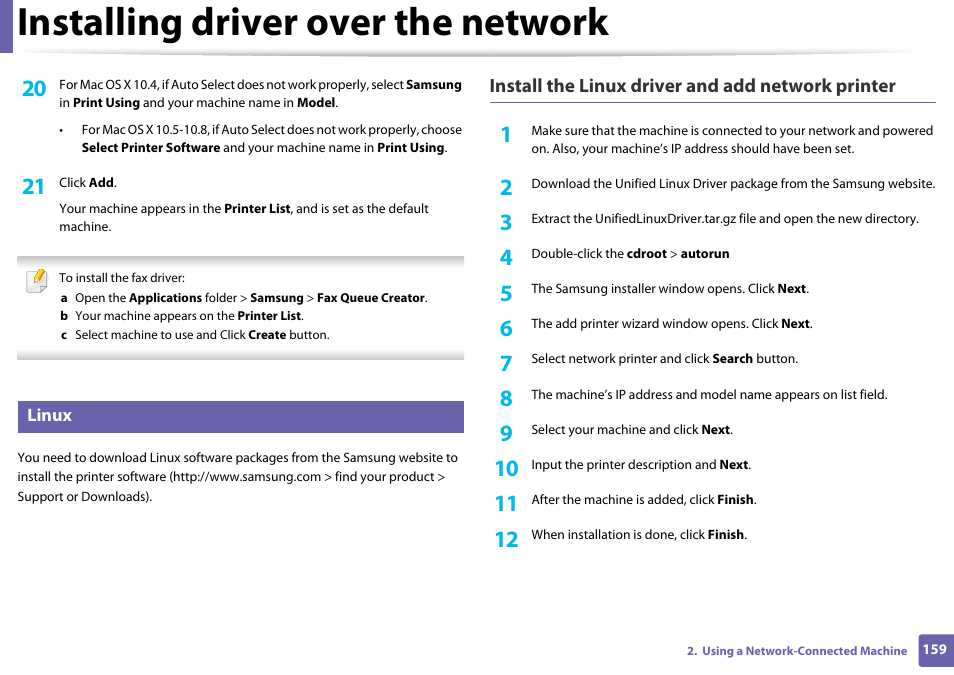 Linux, Installing driver over the network | Samsung CLX-3305W-XPE User Manual | Page 159 / 334