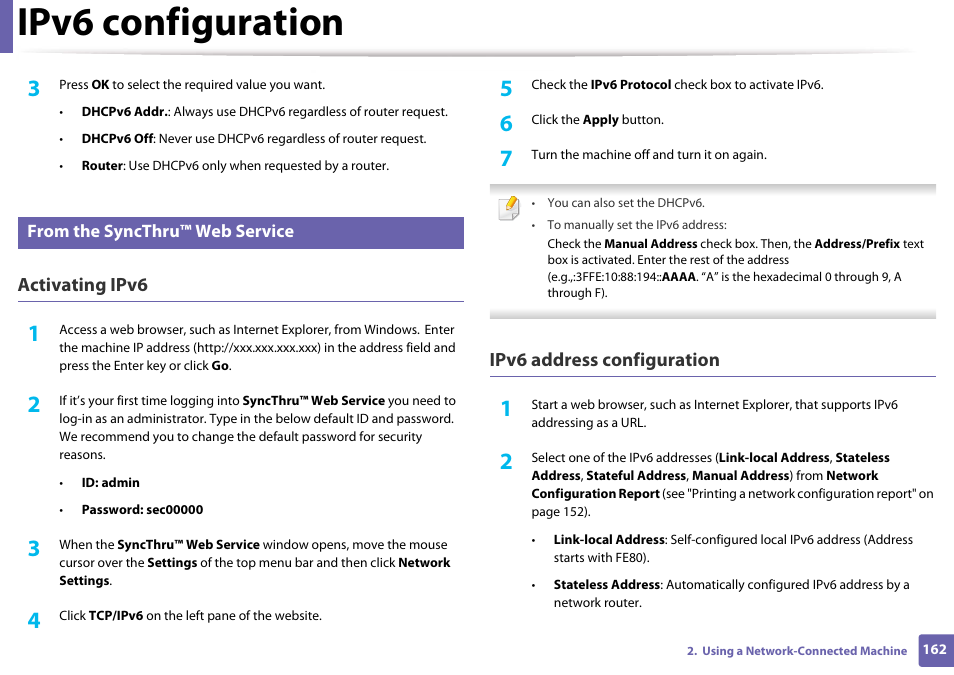 From the syncthru™ web service, Ipv6 configuration, Activating ipv6 | Ipv6 address configuration | Samsung CLX-3305W-XPE User Manual | Page 162 / 334