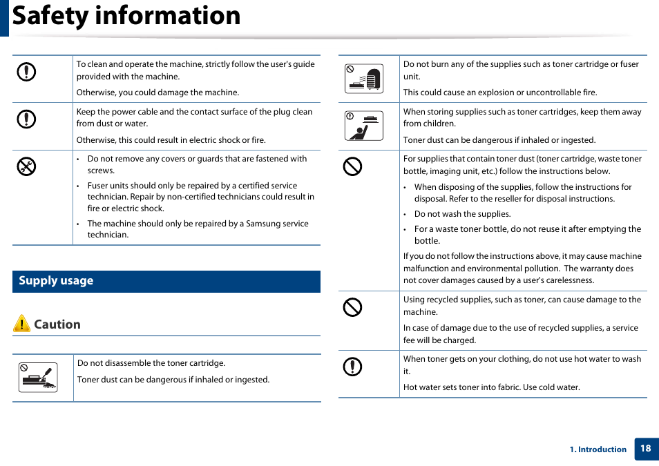 Supply usage, Safety information, Caution | Samsung CLX-3305W-XPE User Manual | Page 18 / 334