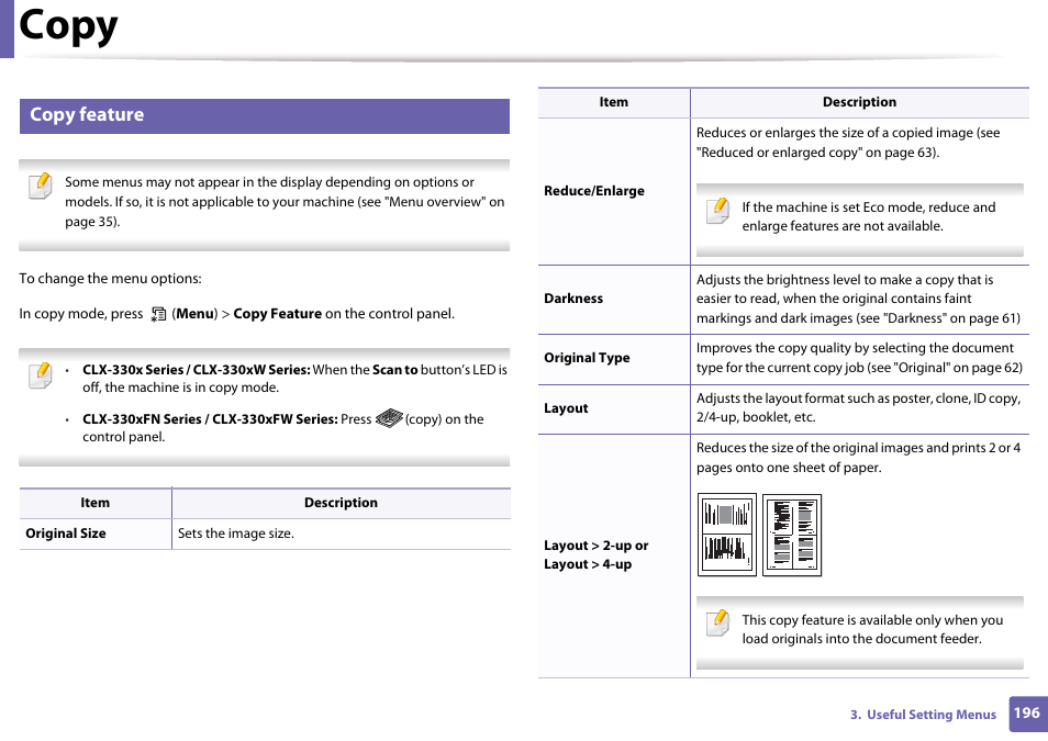 Copy, Copy feature | Samsung CLX-3305W-XPE User Manual | Page 196 / 334