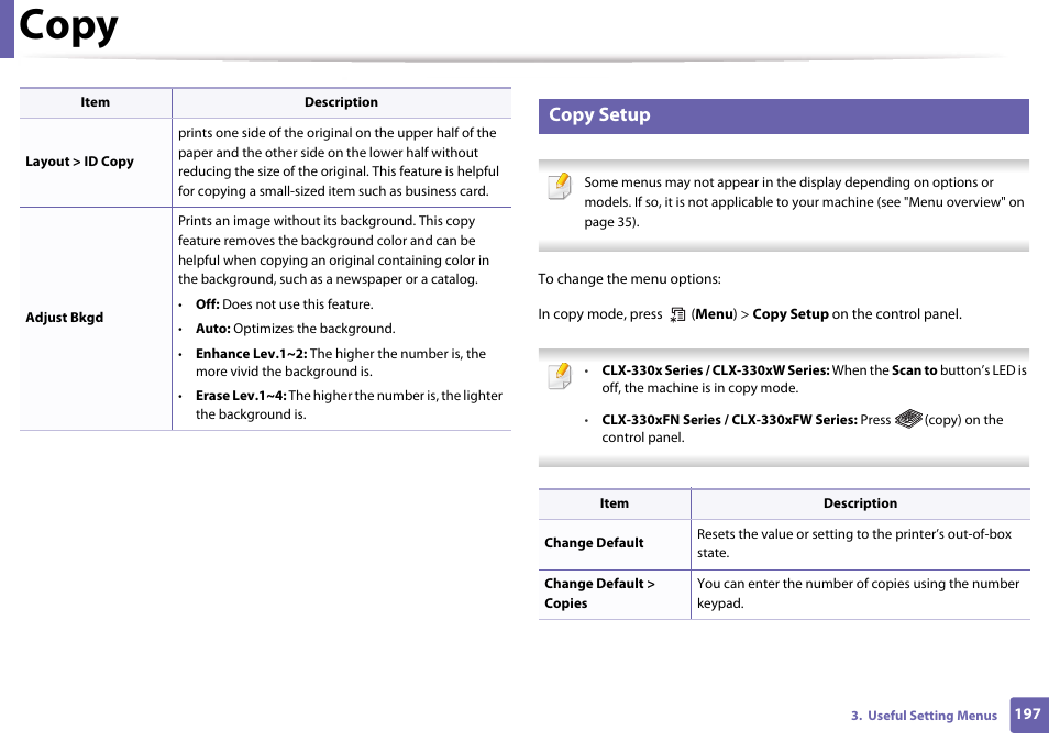 Copy setup, Copy | Samsung CLX-3305W-XPE User Manual | Page 197 / 334