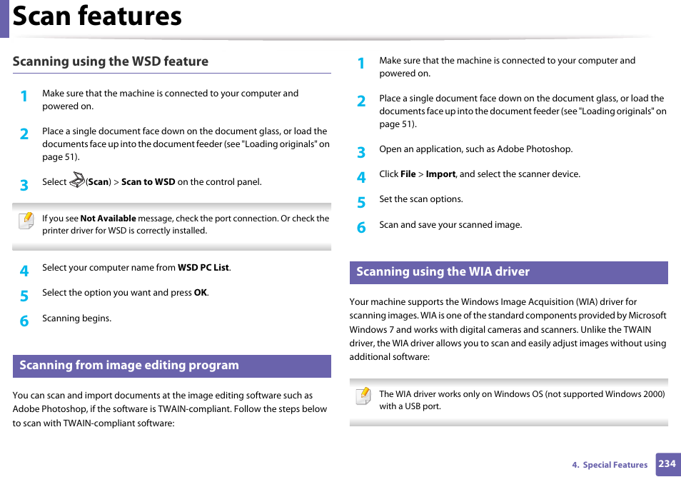 Scanning from image editing program, Scanning using the wia driver, Scan features | Scanning using the wsd feature | Samsung CLX-3305W-XPE User Manual | Page 234 / 334