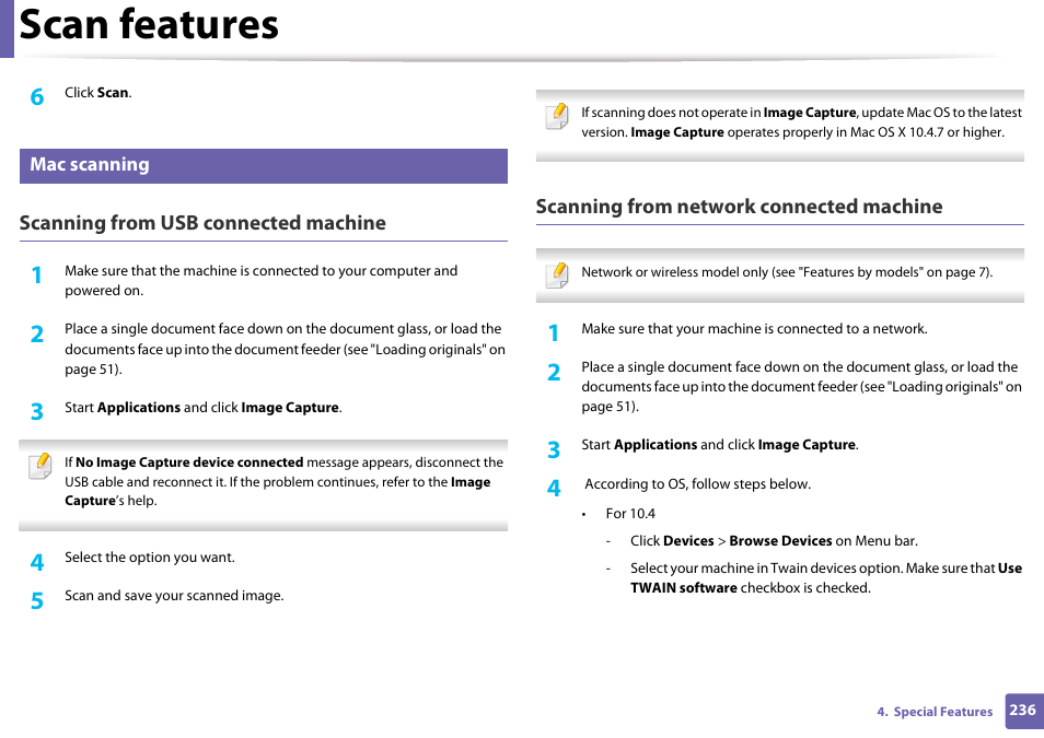 Mac scanning, Scan features, Scanning from usb connected machine | Scanning from network connected machine | Samsung CLX-3305W-XPE User Manual | Page 236 / 334