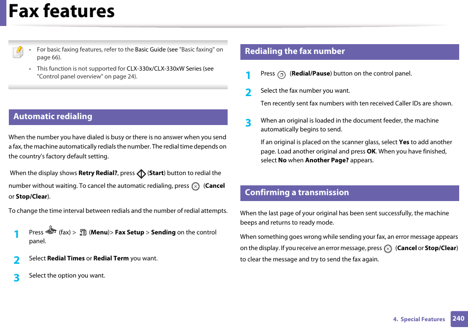 Fax features, Automatic redialing, Redialing the fax number | Confirming a transmission | Samsung CLX-3305W-XPE User Manual | Page 240 / 334