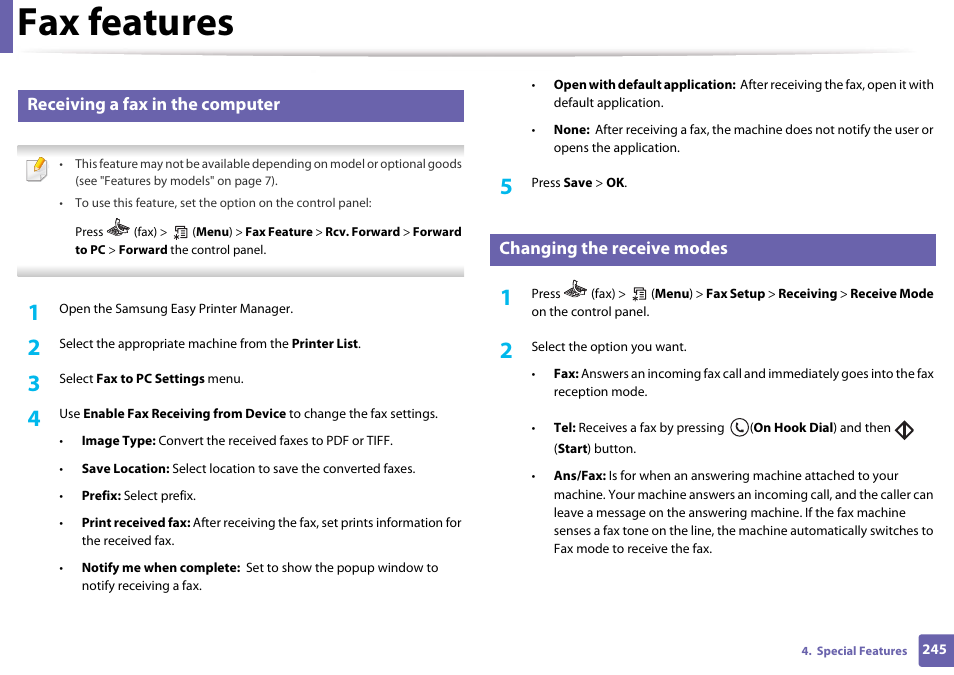 Receiving a fax in the computer, Changing the receive modes, Fax features | Samsung CLX-3305W-XPE User Manual | Page 245 / 334