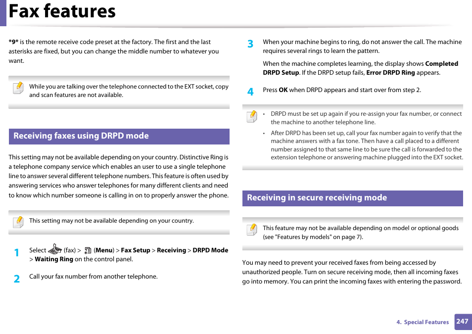 Receiving faxes using drpd mode, Receiving in secure receiving mode, Fax features | Samsung CLX-3305W-XPE User Manual | Page 247 / 334