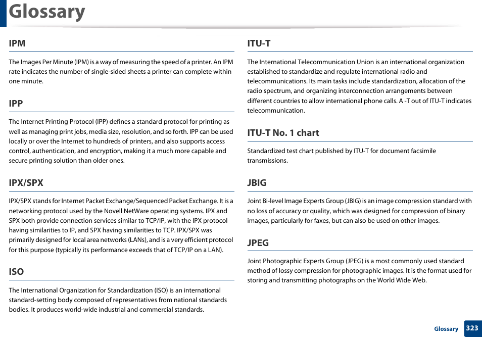 Glossary, Ipx/spx, Itu-t | Itu-t no. 1 chart, Jbig, Jpeg | Samsung CLX-3305W-XPE User Manual | Page 323 / 334