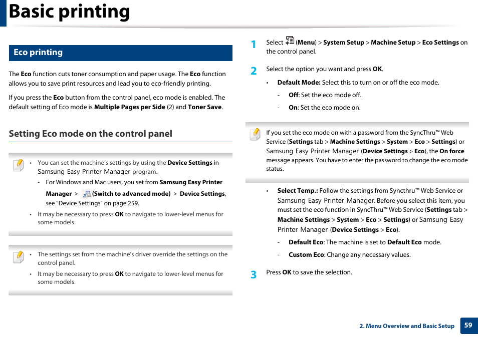 Eco printing, Basic printing, Setting eco mode on the control panel | Samsung CLX-3305W-XPE User Manual | Page 59 / 334