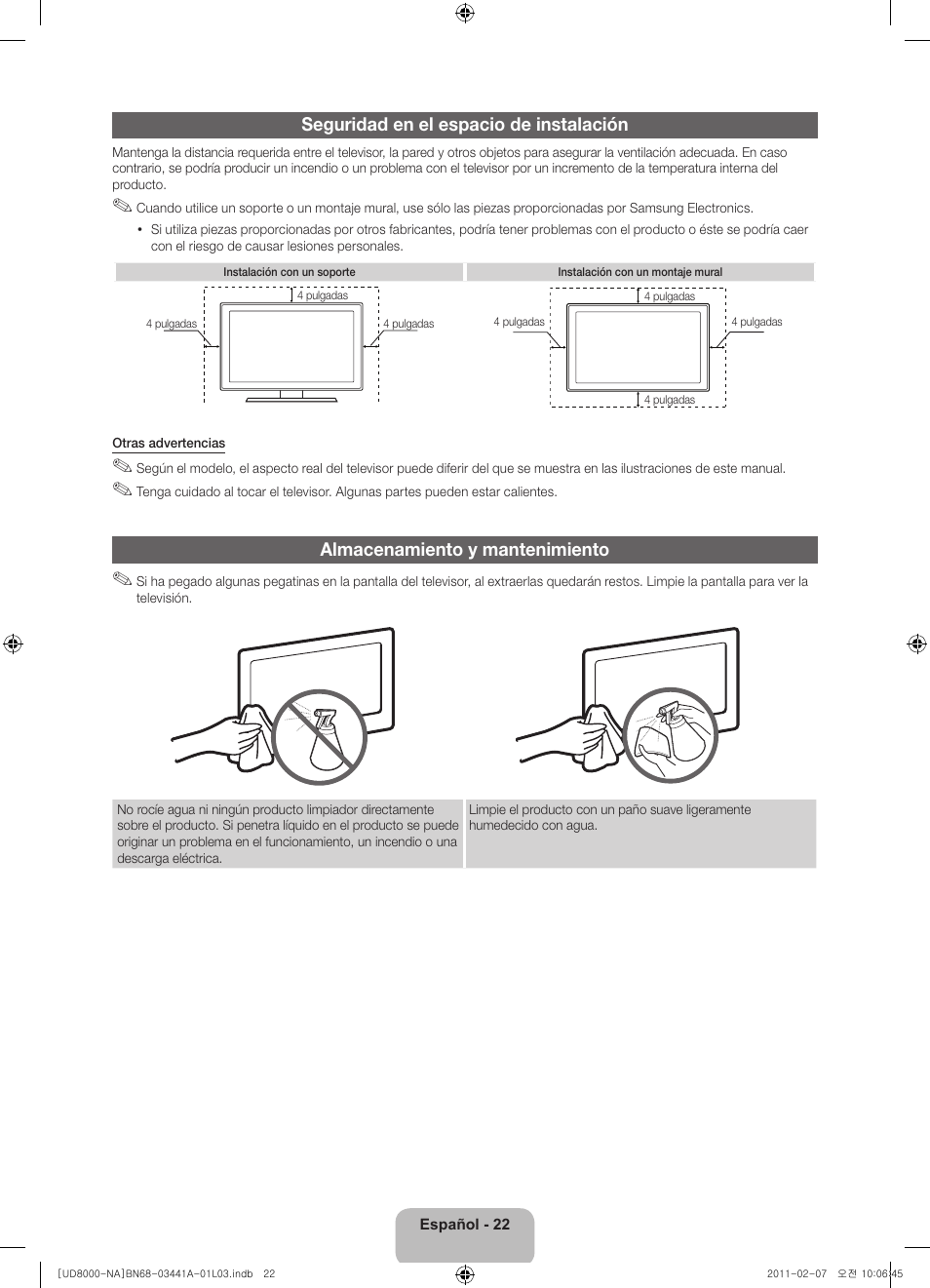 Seguridad en el espacio de instalación, Almacenamiento y mantenimiento | Samsung UN55D8000YFXZA User Manual | Page 46 / 73