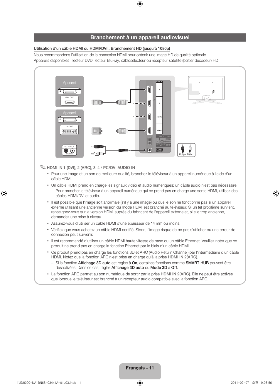 Branchement à un appareil audiovisuel | Samsung UN55D8000YFXZA User Manual | Page 59 / 73
