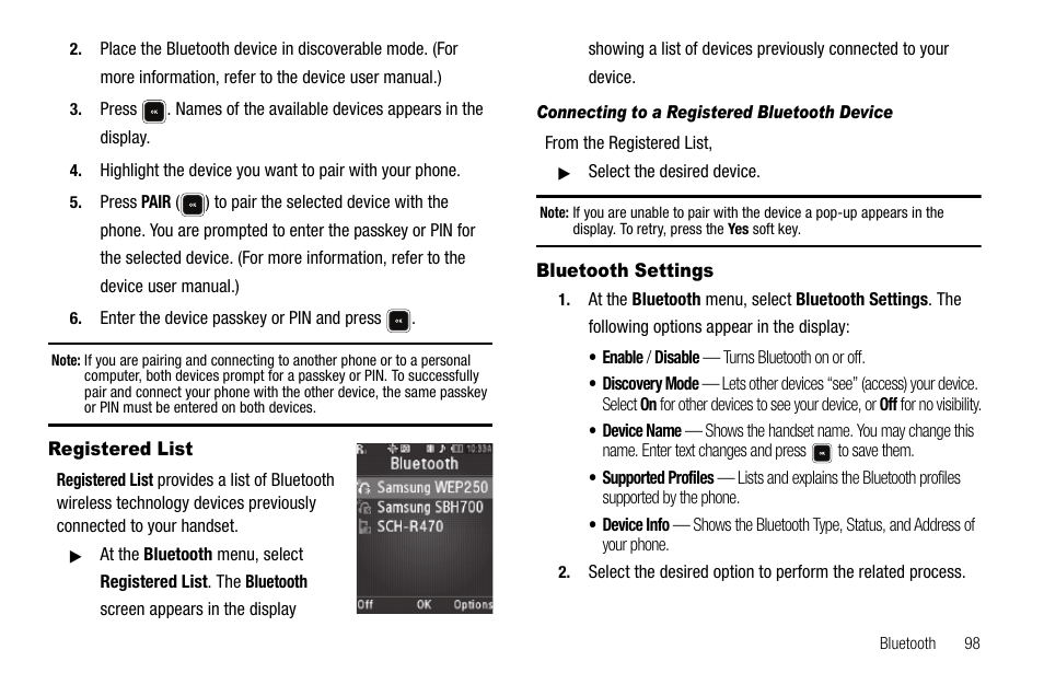 Registered list, Connecting to a registered bluetooth device, Bluetooth settings | Registered list bluetooth settings | Samsung SCH-R520LBAXAR User Manual | Page 101 / 169