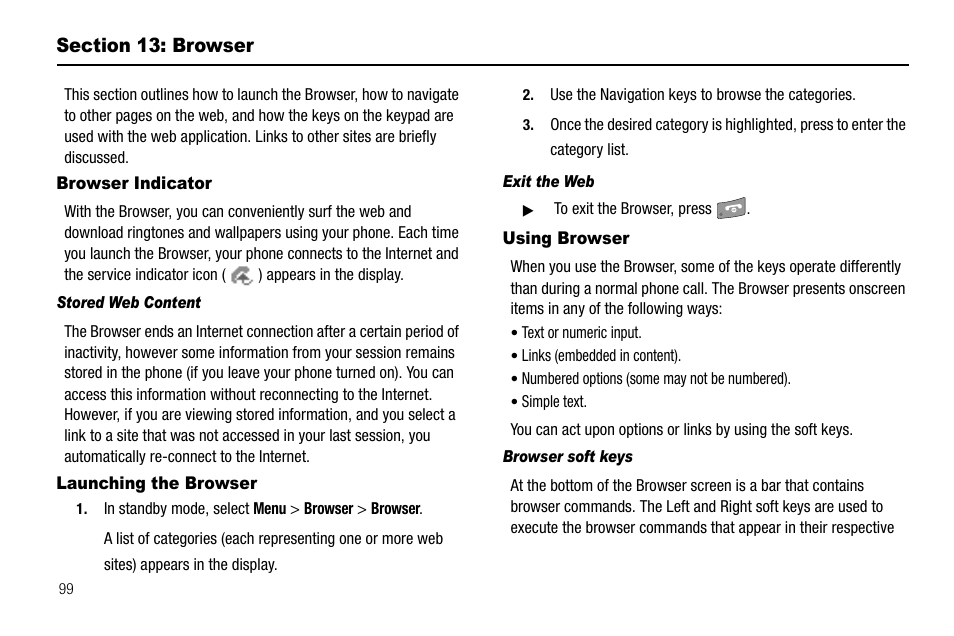Section 13: browser, Browser indicator, Stored web content | Launching the browser, Exit the web, Using browser, Browser soft keys | Samsung SCH-R520LBAXAR User Manual | Page 102 / 169