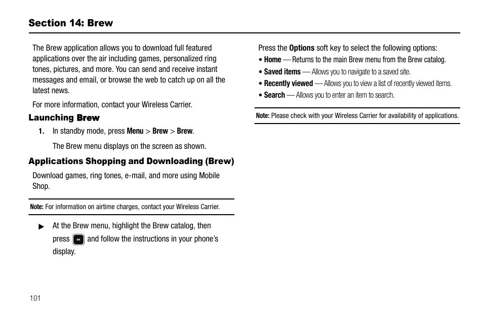 Section 14: brew, Launching brew, Applications shopping and downloading (brew) | Samsung SCH-R520LBAXAR User Manual | Page 104 / 169