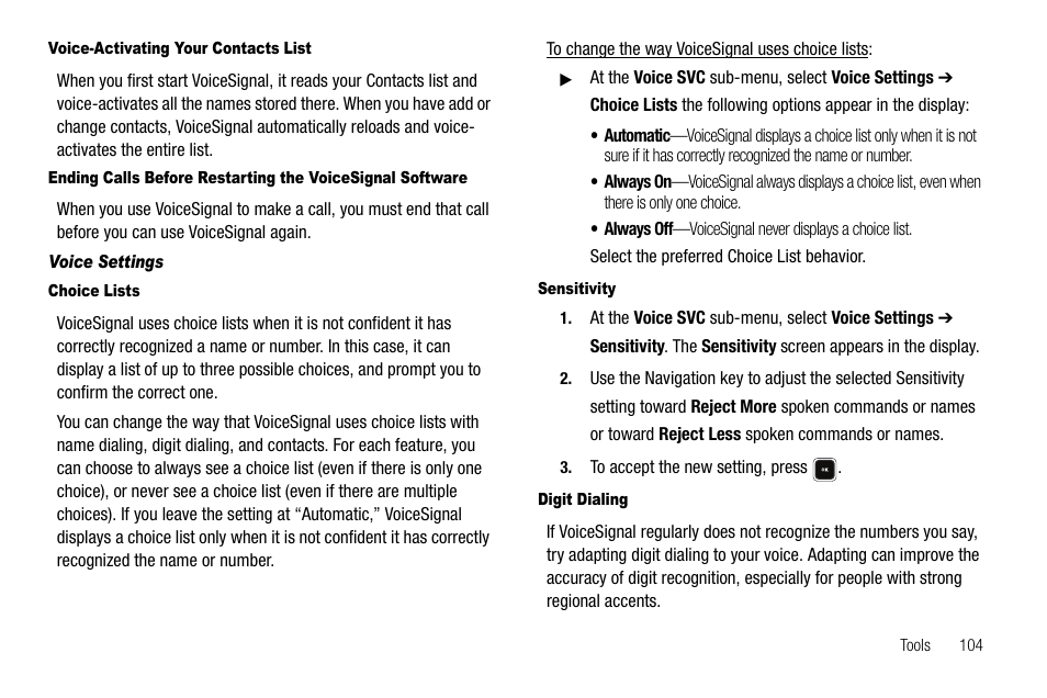 Voice-activating your contacts list, Voice settings, Choice lists | Sensitivity, Digit dialing | Samsung SCH-R520LBAXAR User Manual | Page 107 / 169