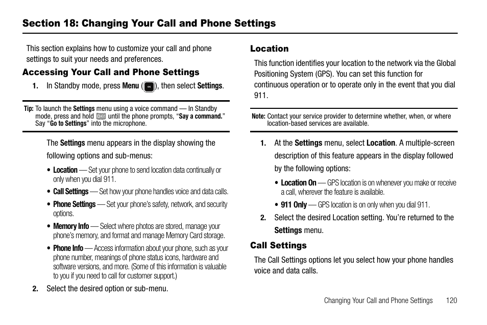 Section 18: changing your call and phone settings, Accessing your call and phone settings, Location | Call settings, For more | Samsung SCH-R520LBAXAR User Manual | Page 123 / 169