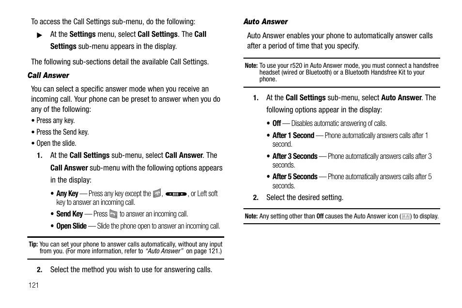 Call answer, Auto answer | Samsung SCH-R520LBAXAR User Manual | Page 124 / 169