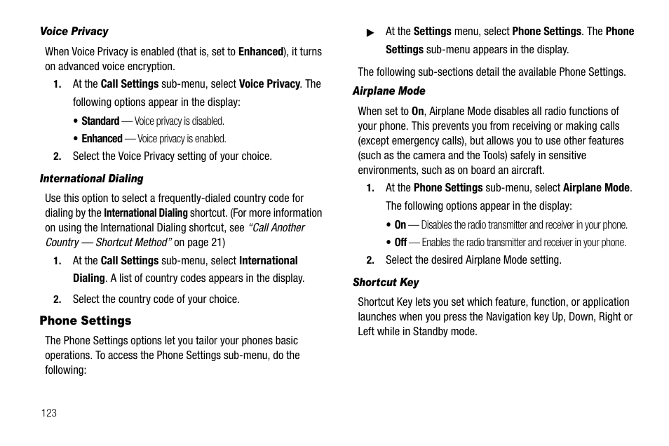 Voice privacy, International dialing, Phone settings | Airplane mode, Shortcut key | Samsung SCH-R520LBAXAR User Manual | Page 126 / 169