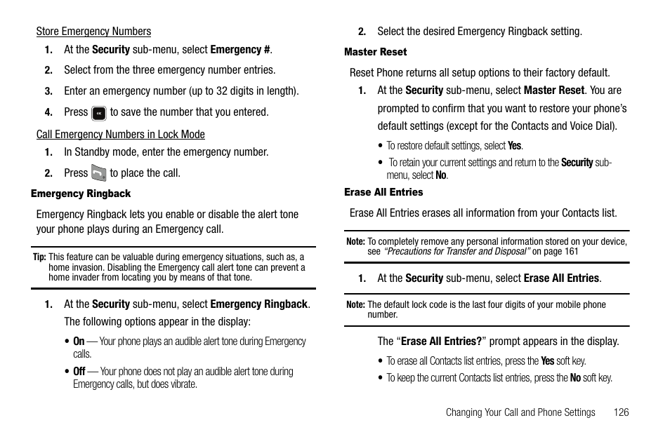 Emergency ringback, Master reset, Erase all entries | Samsung SCH-R520LBAXAR User Manual | Page 129 / 169