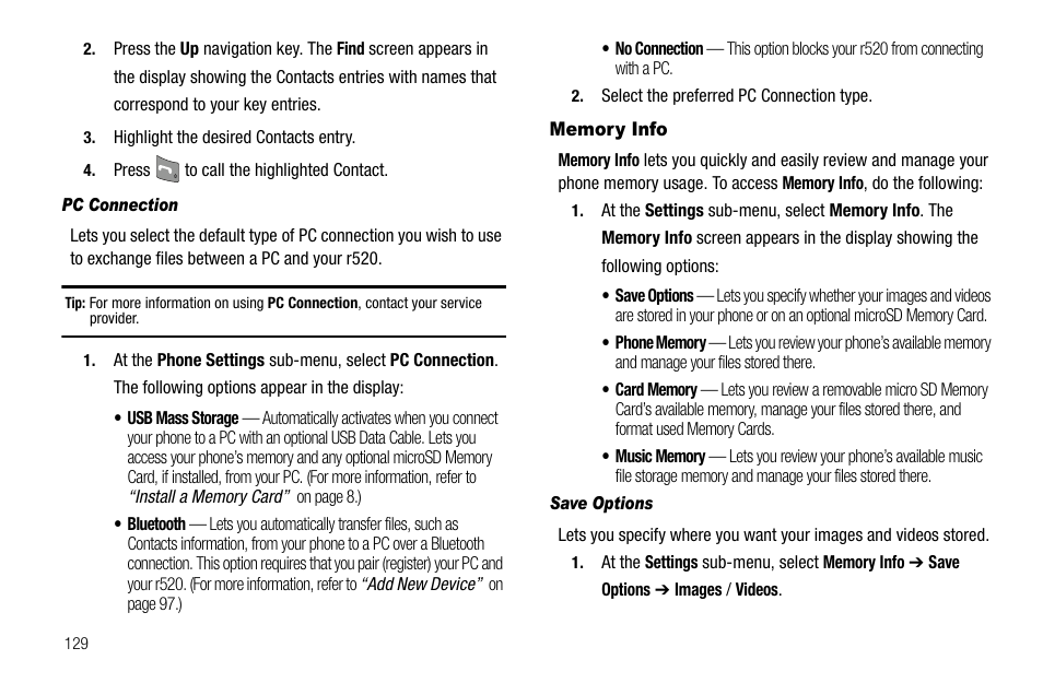 Pc connection, Memory info, Save options | Samsung SCH-R520LBAXAR User Manual | Page 132 / 169