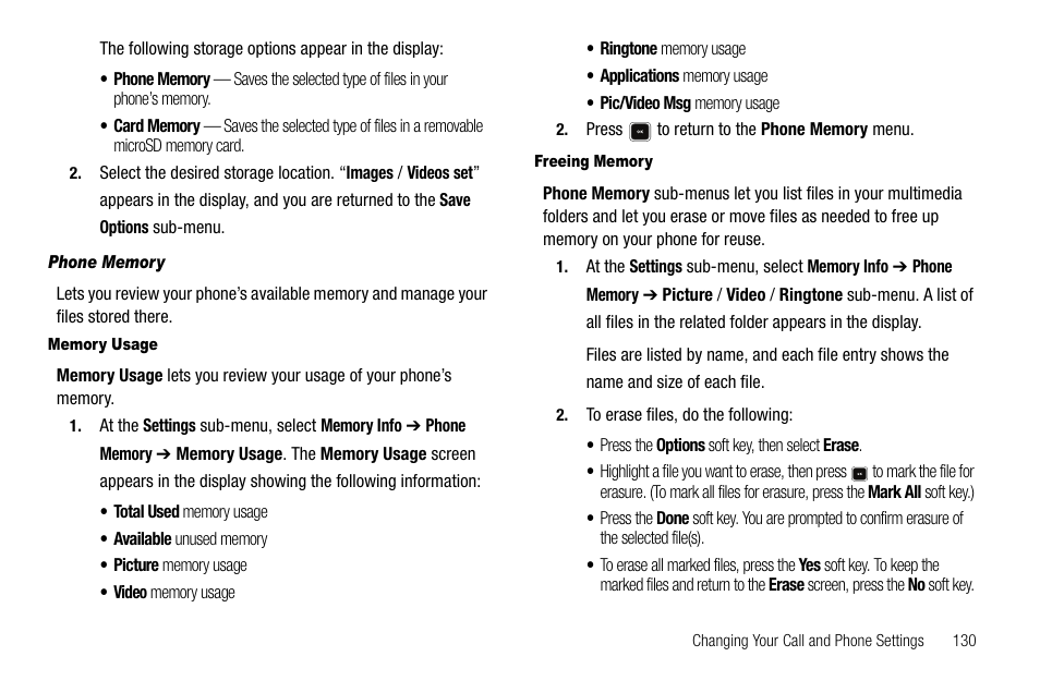 Phone memory, Memory usage, Freeing memory | Samsung SCH-R520LBAXAR User Manual | Page 133 / 169