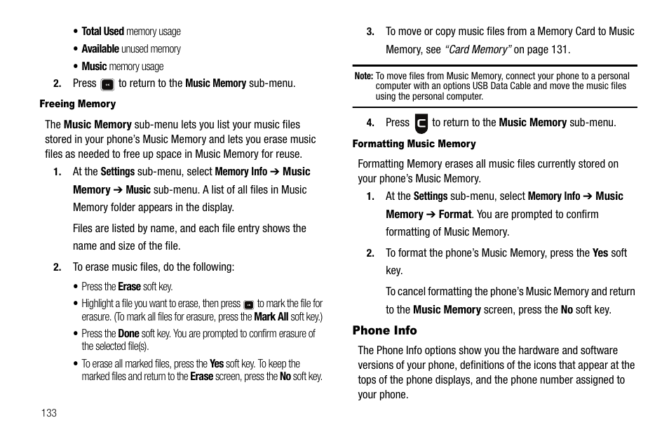 Freeing memory, Formatting music memory, Phone info | Samsung SCH-R520LBAXAR User Manual | Page 136 / 169